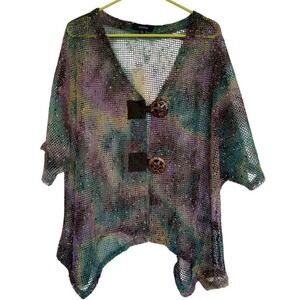 KAKTUS Open Weave Lagenlook Asymmetric Hem Button Cardigan Boho Taupe Artsy XL